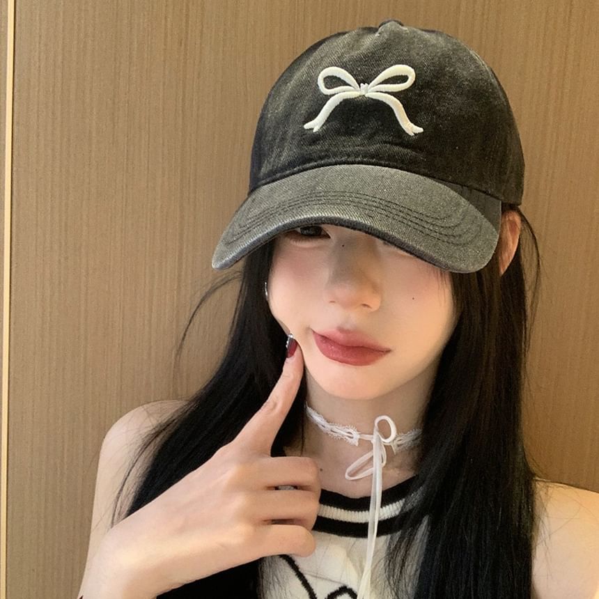 Embroidered Washed Bow Cap Baseball Denim