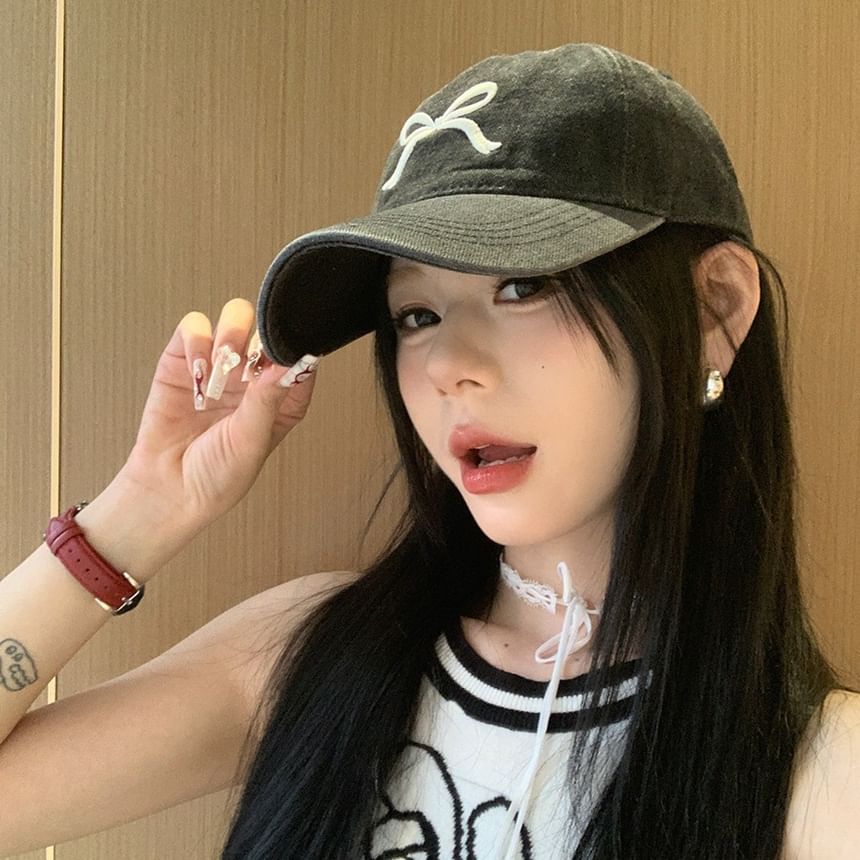 Embroidered Washed Bow Cap Baseball Denim