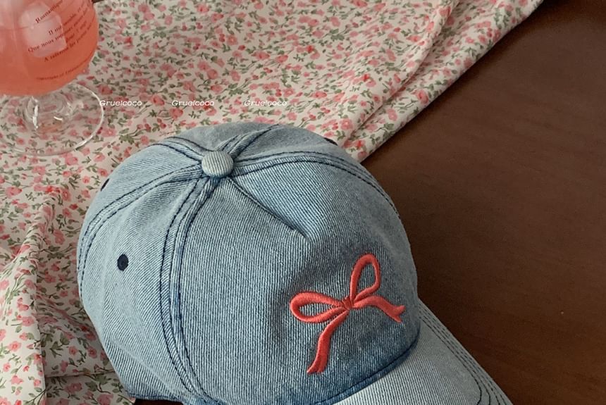 Embroidered Washed Bow Cap Baseball Denim