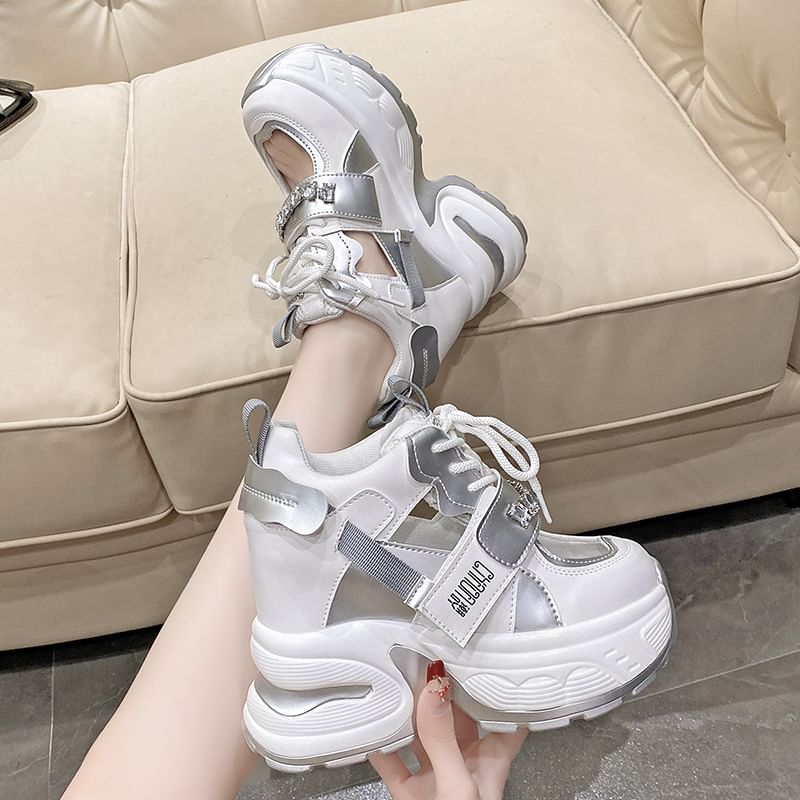 Sneakers Cutout Wedge Panel Hidden Platform Rhinestone