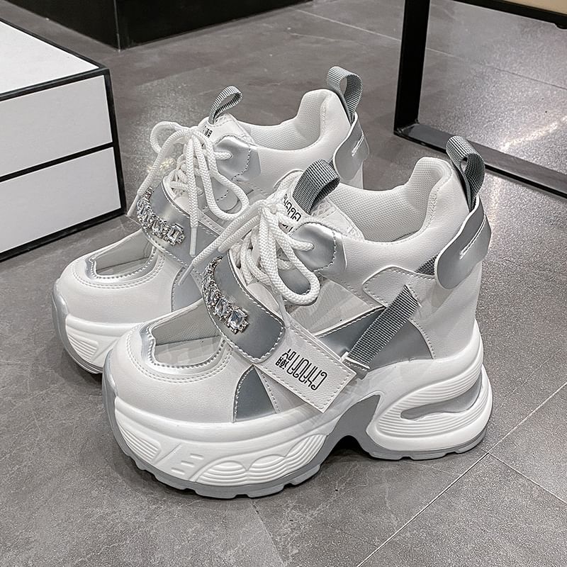 Sneakers Cutout Wedge Panel Hidden Platform Rhinestone