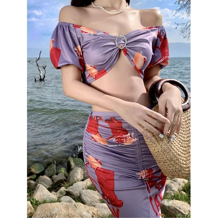 Set: Short-Sleeve Off-Shoulder Floral Crop Top + Mid Rise Maxi Pencil Skirt