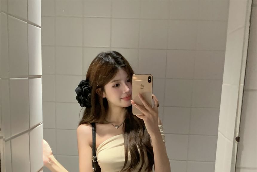 One-Shoulder Plain Crop Tank Top / High Waist Asymmetrical Mini Pencil Skirt