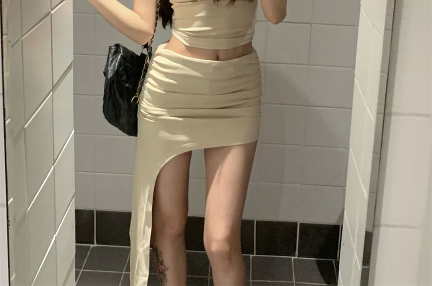 One-Shoulder Plain Crop Tank Top / High Waist Asymmetrical Mini Pencil Skirt