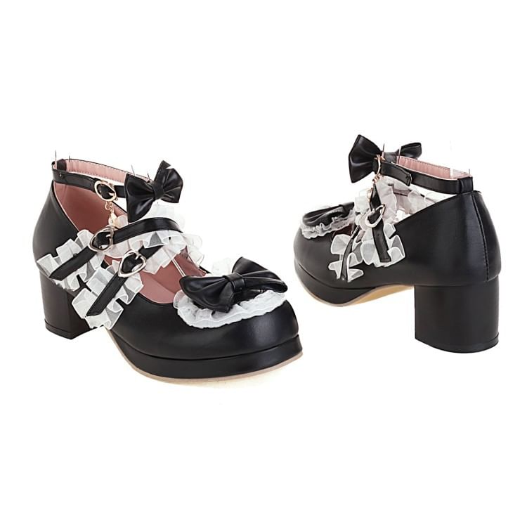 Strappy Platform Heel Pumps Bow Chunky Ruffle Mary Jane