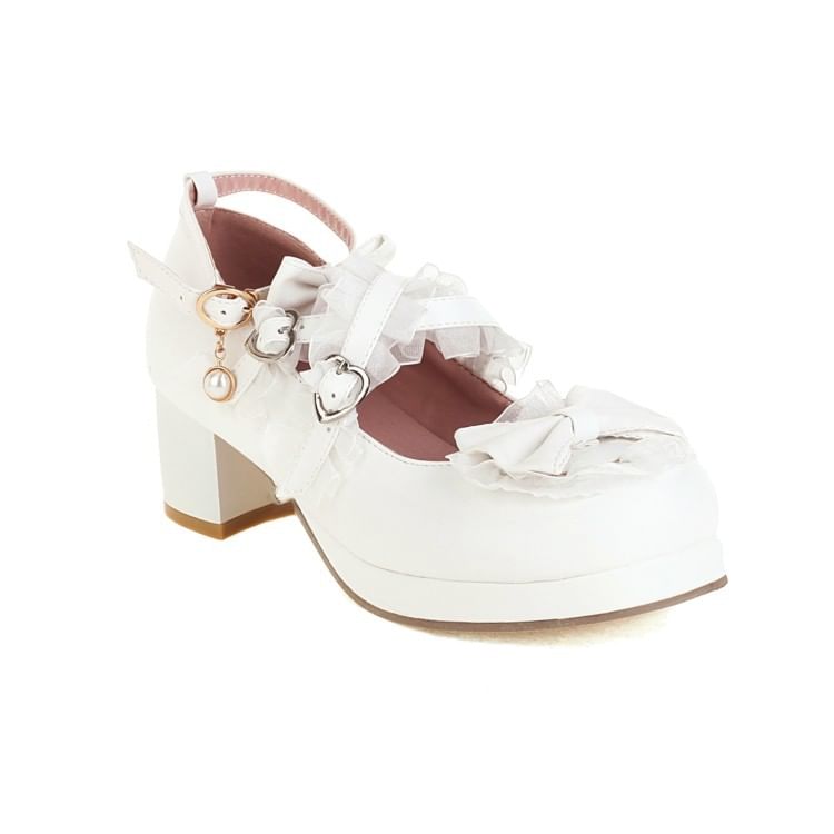 Strappy Platform Heel Pumps Bow Chunky Ruffle Mary Jane