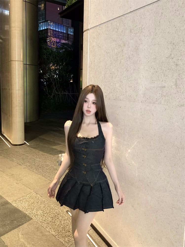 Halter A-Line Pleated Skirt Top Mid Trim / Lace Low Rise Button-Up Denim Mini