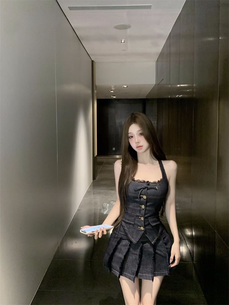 Halter A-Line Pleated Skirt Top Mid Trim / Lace Low Rise Button-Up Denim Mini