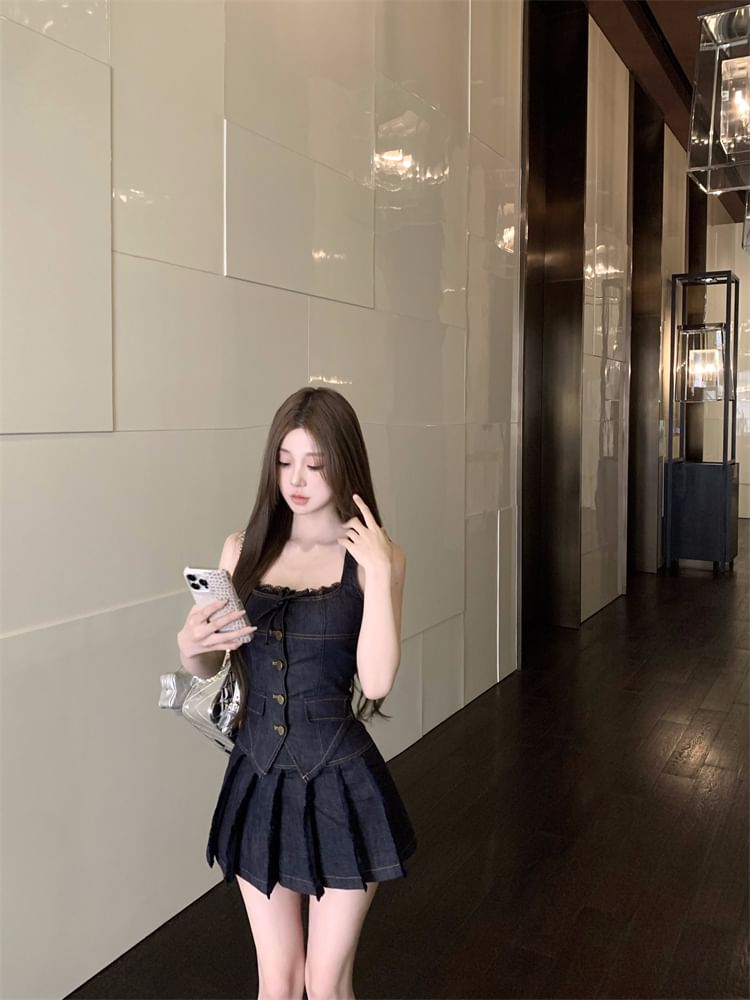 Halter A-Line Pleated Skirt Top Mid Trim / Lace Low Rise Button-Up Denim Mini