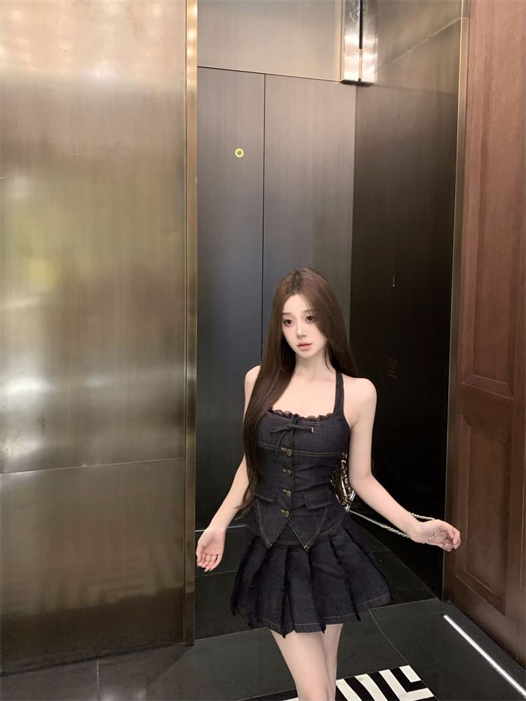 Halter A-Line Pleated Skirt Top Mid Trim / Lace Low Rise Button-Up Denim Mini