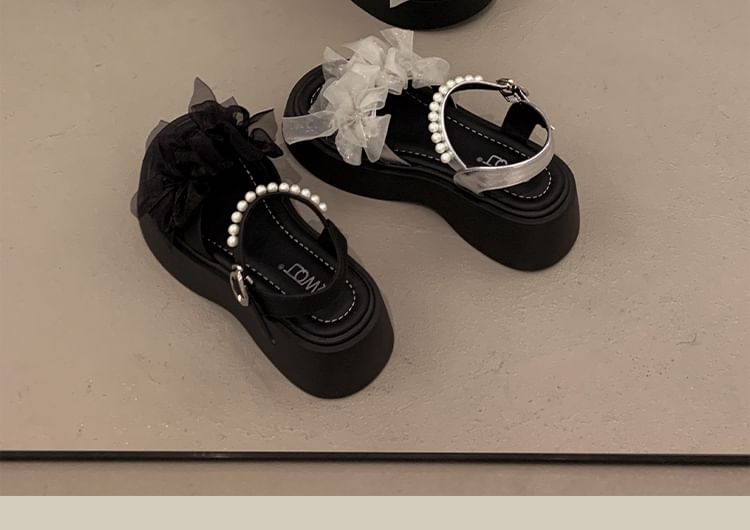Platform Wedge Heel Faux Pearl Mesh Ruffle Sandals