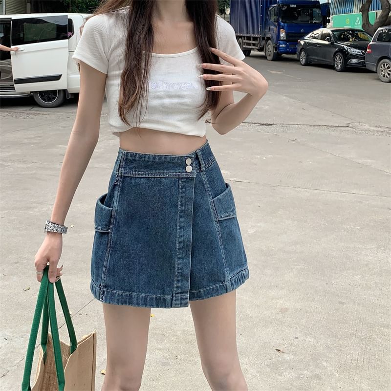 High Waist Asymmetrical Washed Denim Skort