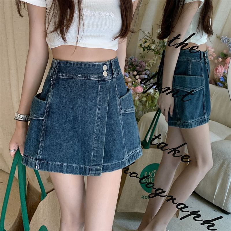 High Waist Asymmetrical Washed Denim Skort