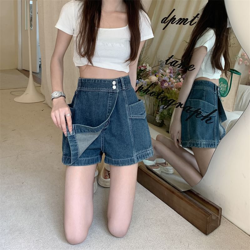 High Waist Asymmetrical Washed Denim Skort