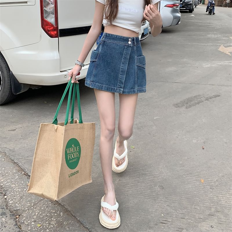 High Waist Asymmetrical Washed Denim Skort