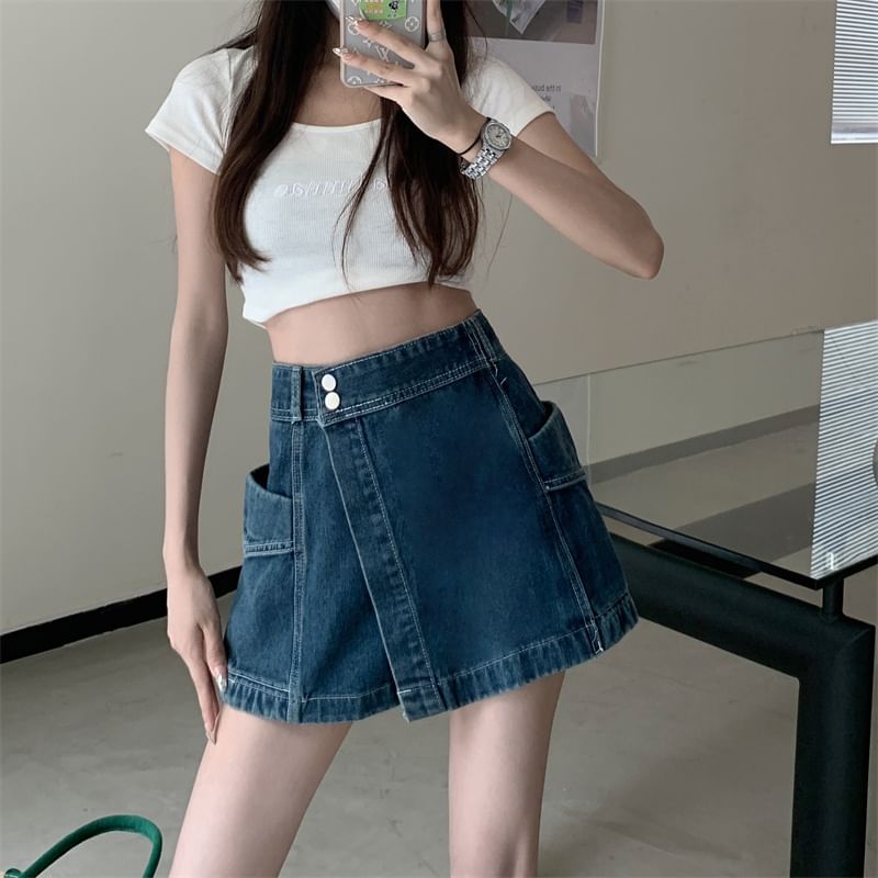 High Waist Asymmetrical Washed Denim Skort