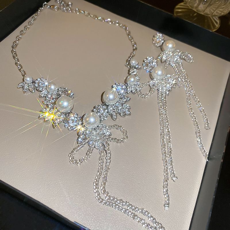 Drop Earring Rhinestone / Ribbon Necklace