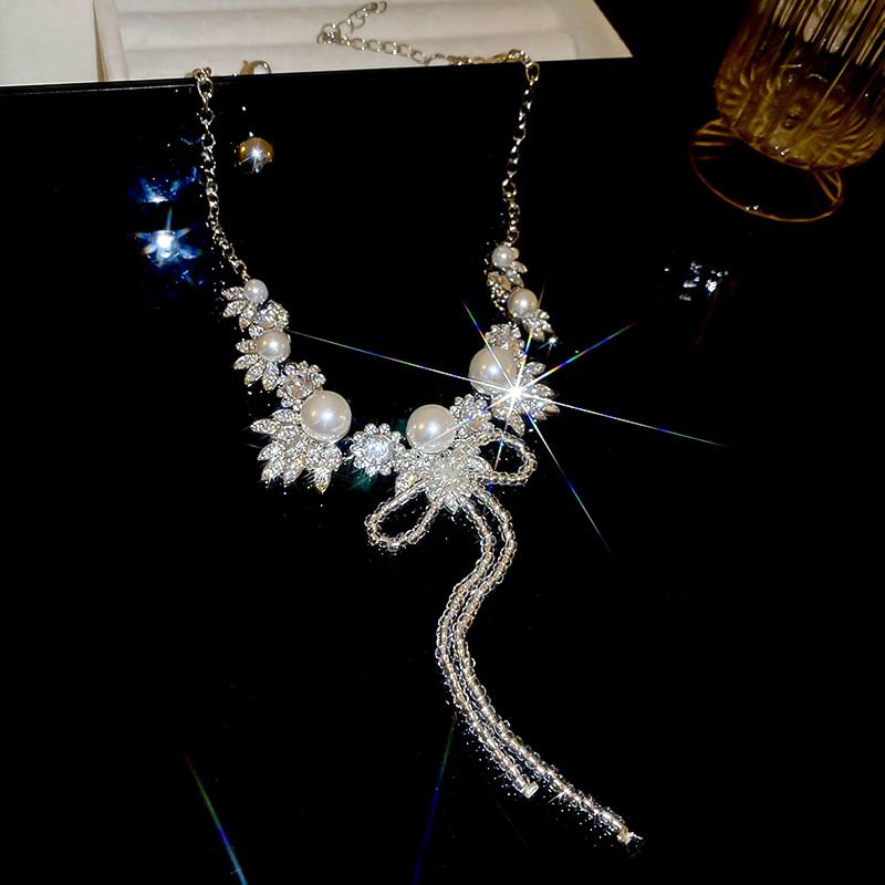 Drop Earring Rhinestone / Ribbon Necklace