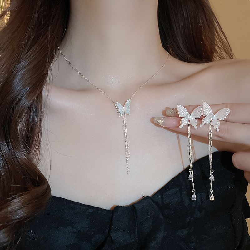Choker Rhinestone Dangle / Butterfly Alloy Earring