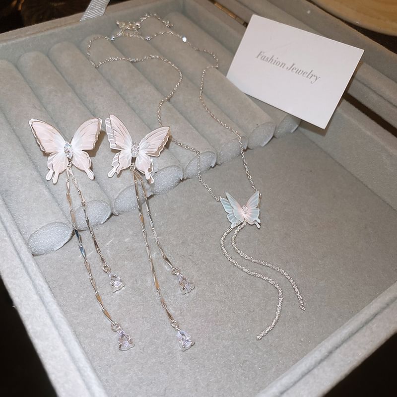 Choker Rhinestone Dangle / Butterfly Alloy Earring