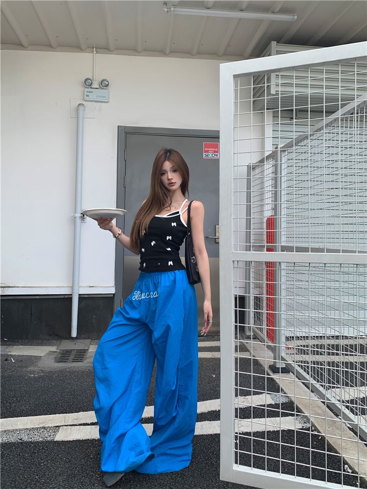 Bow Cami Top / Elastic Waist Plain Wide Leg Pants