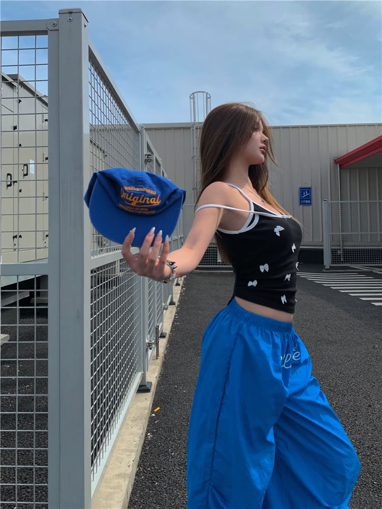 Bow Cami Top / Elastic Waist Plain Wide Leg Pants