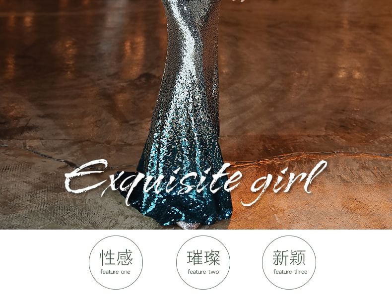 Gown Mermaid Sequin Sleeveless Gradient One Evening Shoulder