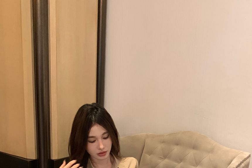 3/4-Sleeve Plain Ruched Button-Up Mini Sheath Shirt Dress