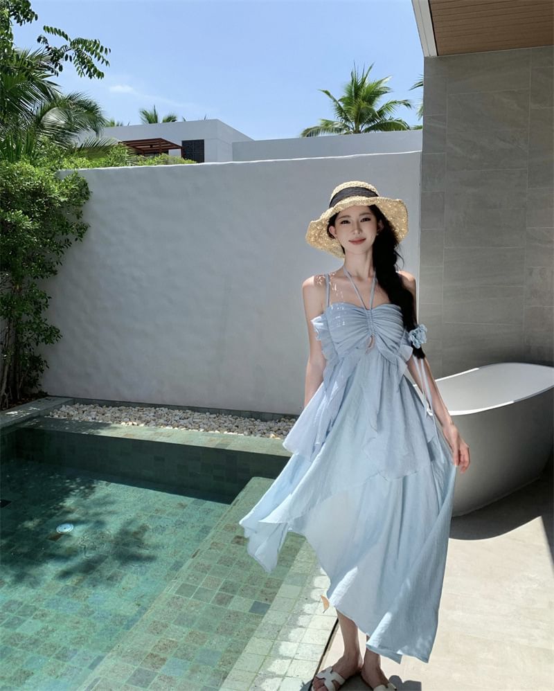 Strap A-Line Dress Asymmetrical Plain Spaghetti Midi