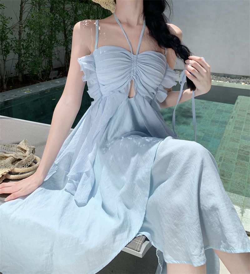 Strap A-Line Dress Asymmetrical Plain Spaghetti Midi