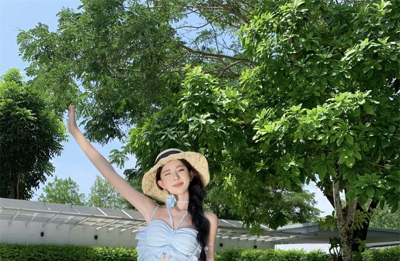 Strap A-Line Dress Asymmetrical Plain Spaghetti Midi