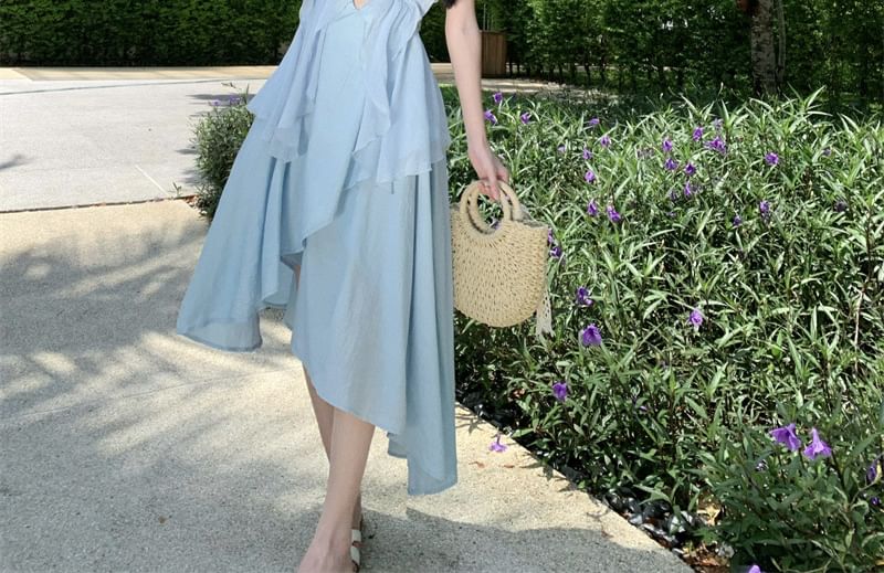 Strap A-Line Dress Asymmetrical Plain Spaghetti Midi