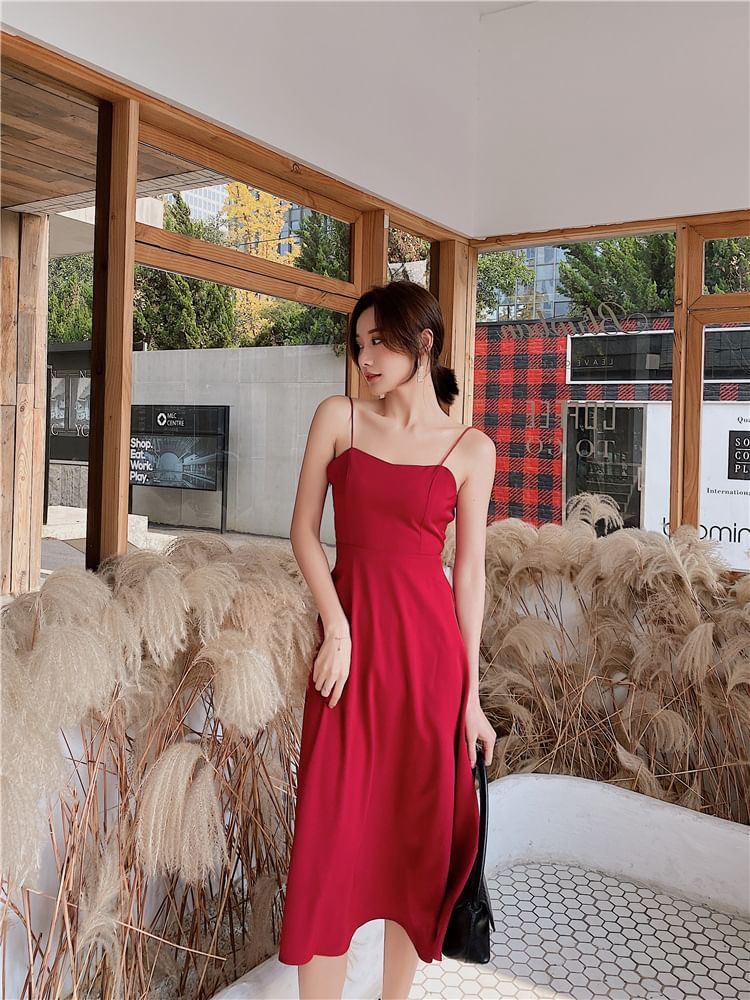 Dress Open Spaghetti Plain A-Line Back Midi V-Neck Strap