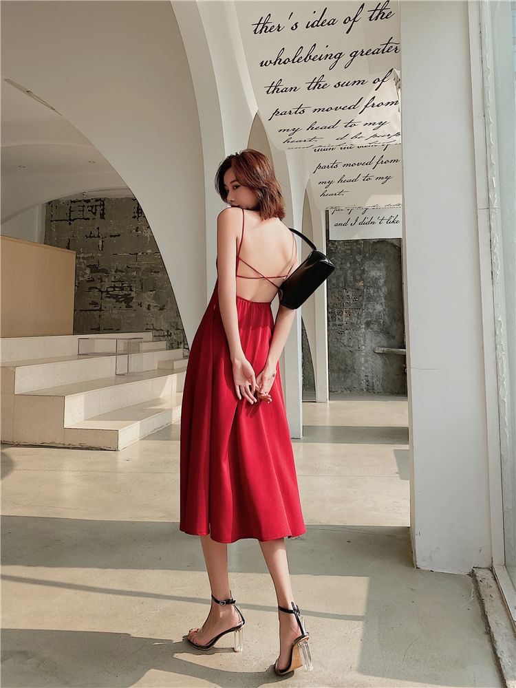 Dress Open Spaghetti Plain A-Line Back Midi V-Neck Strap