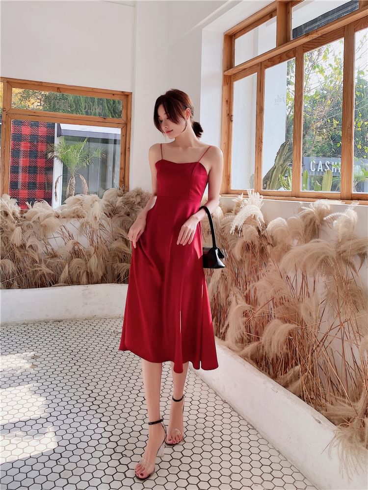 Dress Open Spaghetti Plain A-Line Back Midi V-Neck Strap