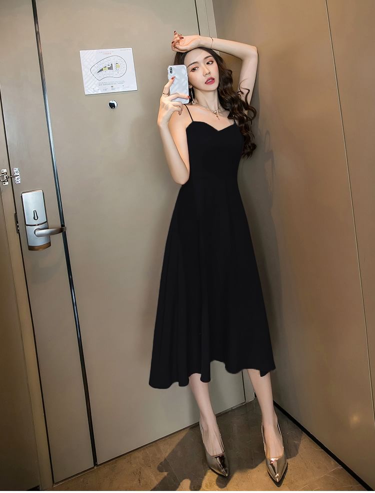 Dress Open Spaghetti Plain A-Line Back Midi V-Neck Strap