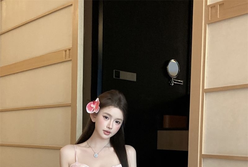 Strap V-Neck Dress A-Line Print Floral Maxi Spaghetti Ruched