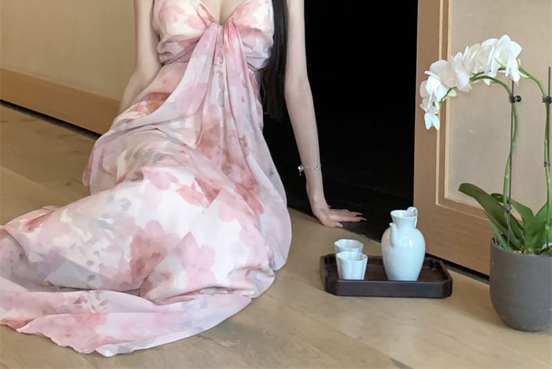 Strap V-Neck Dress A-Line Print Floral Maxi Spaghetti Ruched