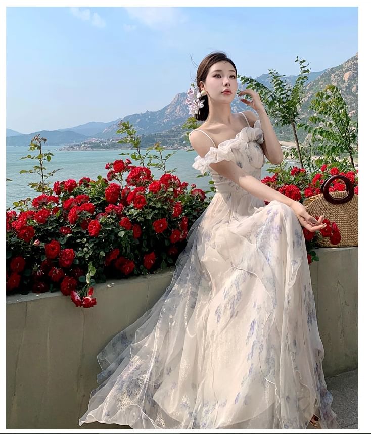 Maxi A-Line Square Cold Print Floral Ruffle Shoulder Ruched Dress Neck Trim