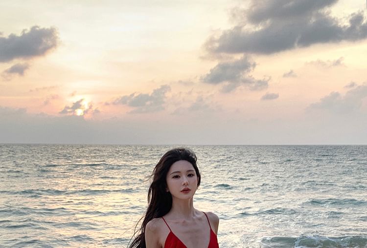 Trim Ruffle Strap Open Dress A-Line Plain Spaghetti Back V-Neck Plunge Maxi Slit