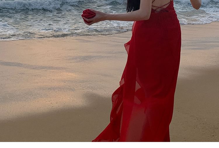 Trim Ruffle Strap Open Dress A-Line Plain Spaghetti Back V-Neck Plunge Maxi Slit