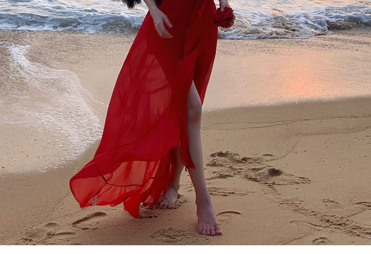 Trim Ruffle Strap Open Dress A-Line Plain Spaghetti Back V-Neck Plunge Maxi Slit