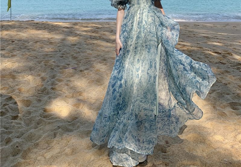 Maxi Off-Shoulder Print Ruffle Puff-Sleeve Trim Dress A-Line Floral Slit