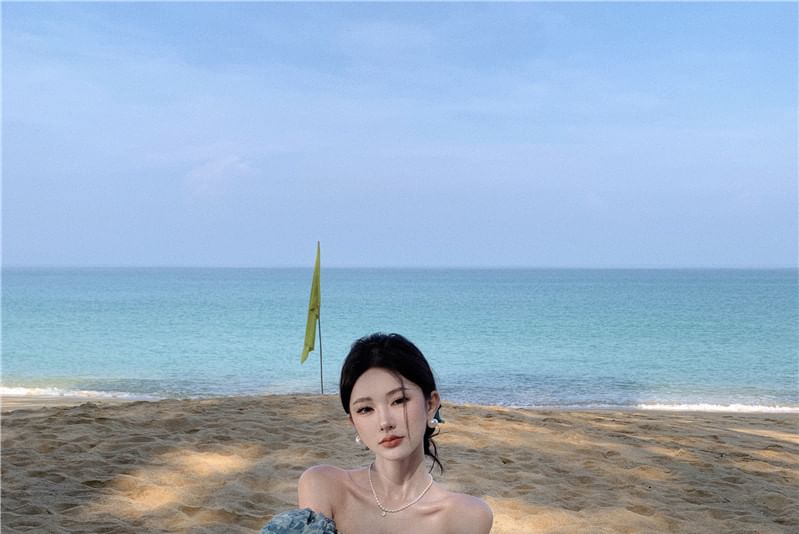 Maxi Off-Shoulder Print Ruffle Puff-Sleeve Trim Dress A-Line Floral Slit