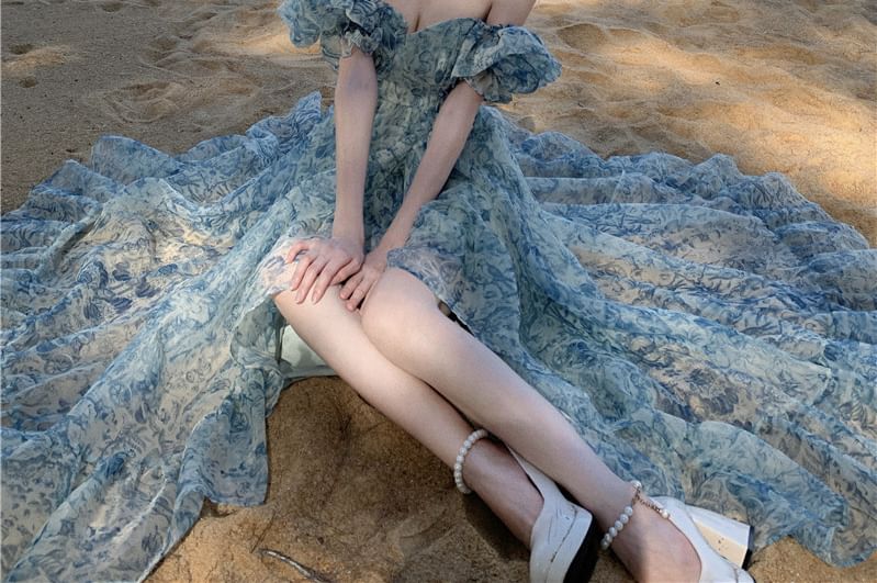 Maxi Off-Shoulder Print Ruffle Puff-Sleeve Trim Dress A-Line Floral Slit