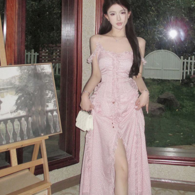 Slit Dress Trim Shoulder Maxi Tie V-Neck Ruffle Cold Front A-Line Dotted