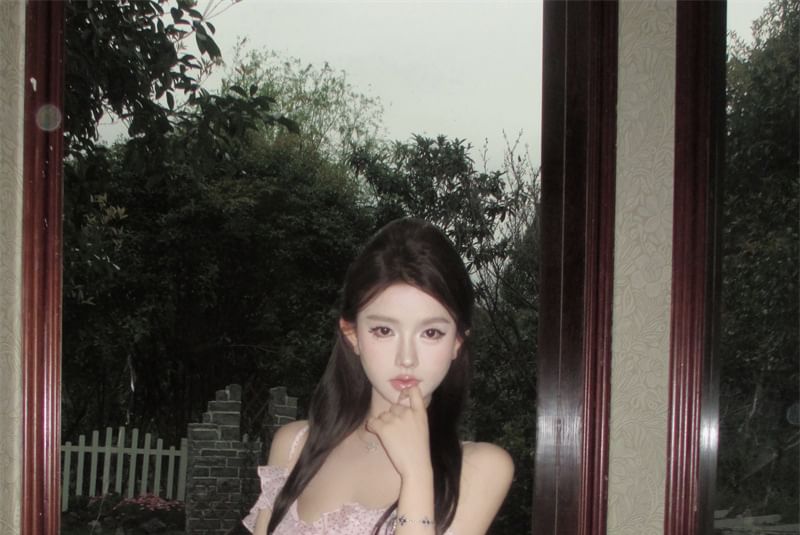 Slit Dress Trim Shoulder Maxi Tie V-Neck Ruffle Cold Front A-Line Dotted