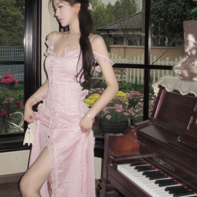 Slit Dress Trim Shoulder Maxi Tie V-Neck Ruffle Cold Front A-Line Dotted