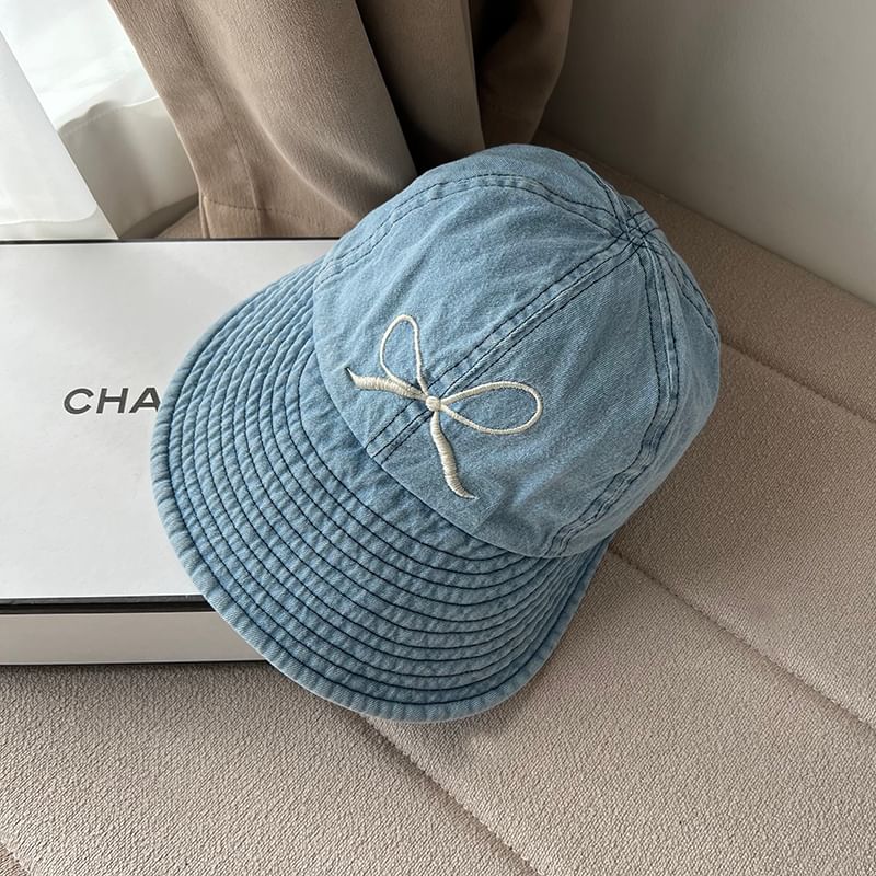Cap Bow Denim Wide Embroidered Brim Washed