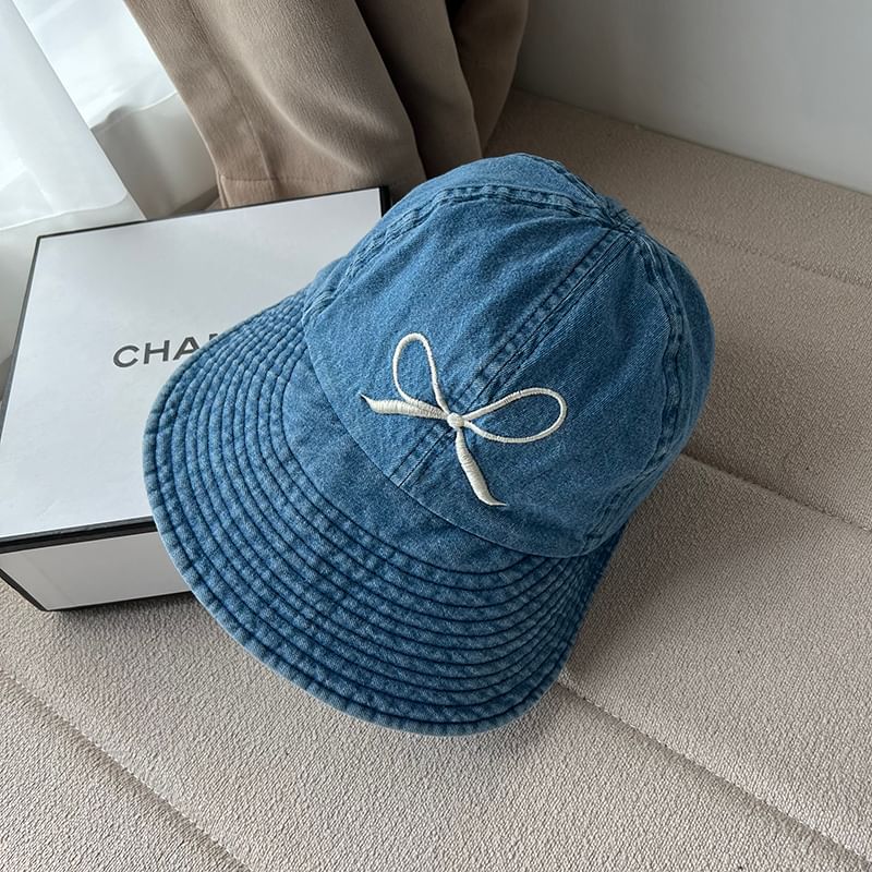 Cap Bow Denim Wide Embroidered Brim Washed